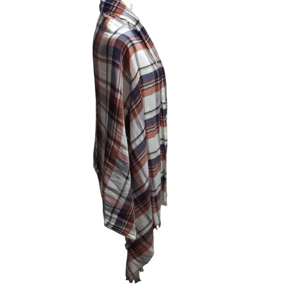 Kitara Plaid Shawl Wrap in Blue and Orange Cotton Casual Layering Size OS